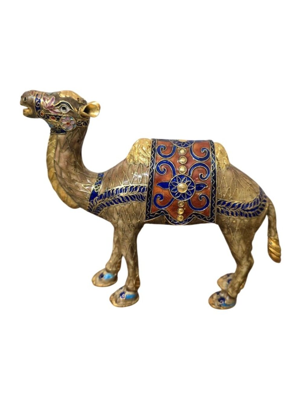 8" Vintage Cloisonne Brass Enamel Camel Figurine